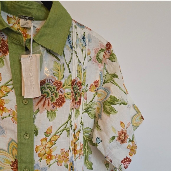 Magaschoni Linen Button Up Floral Workwear Cottagecore‎ Top Cream Multi S NWT - Picture 6 of 9
